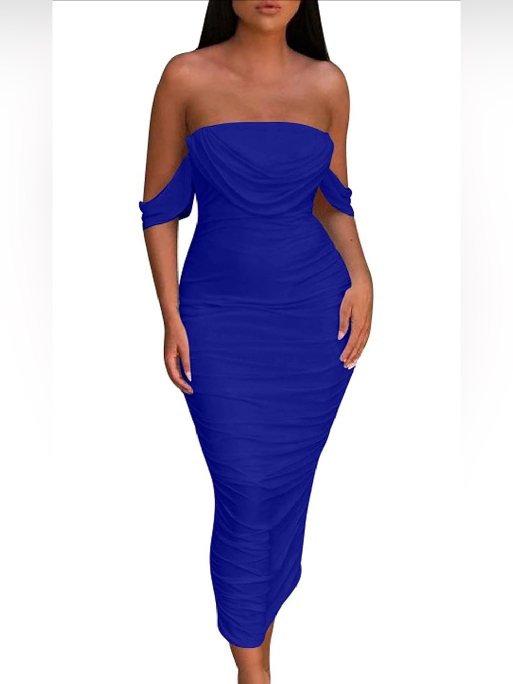 Royal Blue Off Shoulder Ruched Bodycon Maxi Formal Dress Size Large